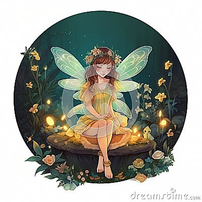 Illustration of a pretty young fairy sitting on a mushroom meditating.She is surrounded by nature. Cartoon Illustration