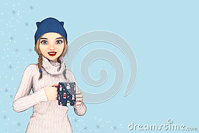 Pretty young woman wearing a blue woollen hat set against a pastel blue background Stock Photo