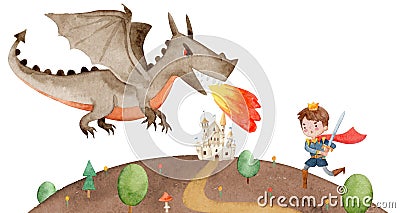 Illustration of a Prince fights against Giant scary dragon. Beautiful fairytale castle on the background. Watercolor Stock Photo