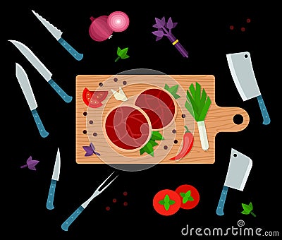 Illustration of process of cooking meat and different types of knives, top view vector illustration Vector Illustration