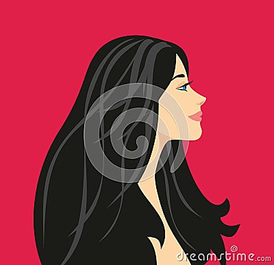 Illustration Profile of a beautiful girl with long black hair. Vector Illustration