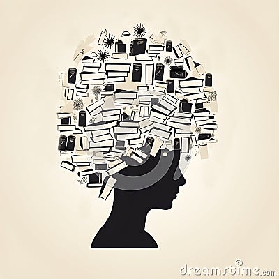 Illustration with a profile silhouette of a face with a head full of books Stock Photo