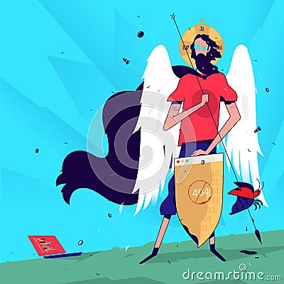 Illustration of a programmer in the image of a saint. Vector illustration. The programmer catches errors and bugs. Saint protects Vector Illustration