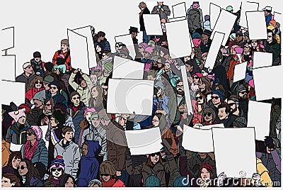 Illustration of protesting crowd with raised hands and blank signs in color Stock Photo