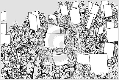 Illustration of protesting crowd with raised hands and blank signs Stock Photo