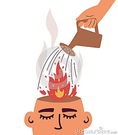 Illustration of psychological therapy help with human hand putting out fire in burning brain Vector Illustration