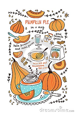  illustration. Pumpkin pie in a mug. Pumpkin recipe for thanksgiving day for tea towel design Cartoon Illustration
