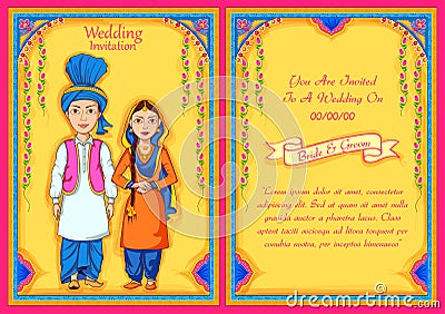 Couple on Indian Wedding invitation template background Cartoon Illustration