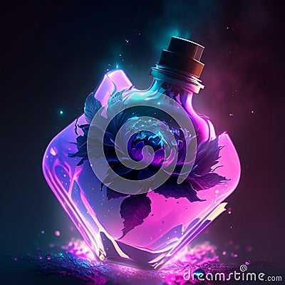 Illustration of a purple bottle with a rose inside on a dark background generative AI Stock Photo