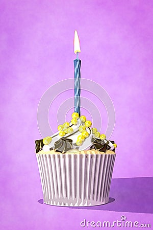 purple cupcake with a candle watercolor painting Cartoon Illustration