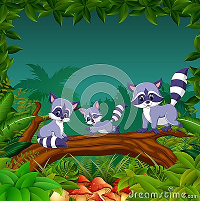 The purple racoon playing on the brown trunk together with different posing Vector Illustration