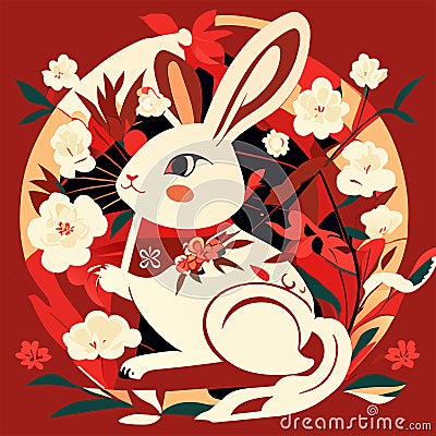 Illustration of a rabbit and cherry blossoms on a red background AI Generated Vector Illustration
