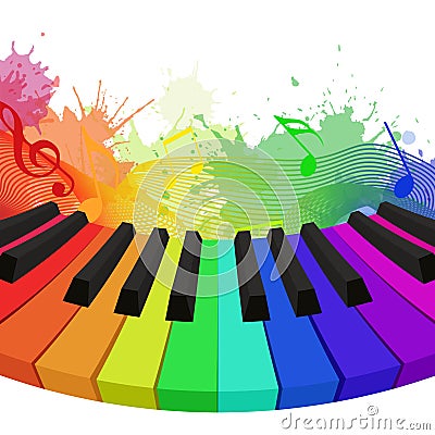 Illustration of rainbow colored piano keys, musical notes Vector Illustration