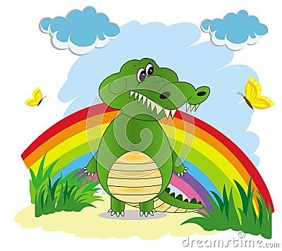 Illustration of a rainbow in the sky with a green cartoon crocodile Stock Photo