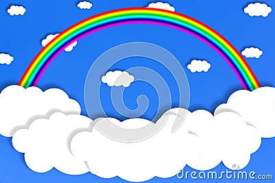 Abstract White Clouds and Rainbow in Blue Sky Background Stock Photo