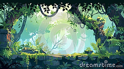 An illustration of a rainforest or a jungle landscape, a tropical garden cartoon background, a 2D game interface with Cartoon Illustration