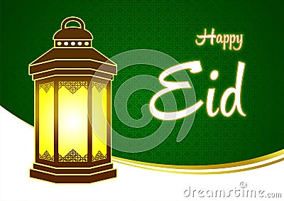 Happy Eid and Ramadan Green Greeting Card with Lantern Stock Photo