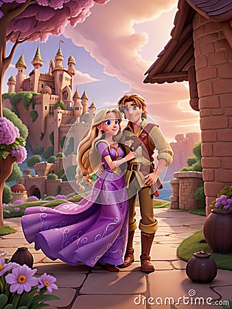 Illustration of Rapunzel and Flynn adventure story, Tangled, 3D Animation Style Stock Photo
