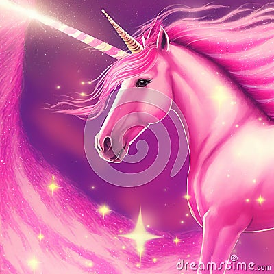 Illustration of ravishing pink unicorn with magical sparkle. Cartoon Illustration