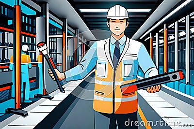 Illustration Of A Real Time Monitoring System'S Software, Manager Engineers Inspect And Operate Automation Robot Arms Machines In Stock Photo
