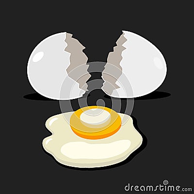 Illustration of a realistic broken egg on a black background, flat design Stock Photo