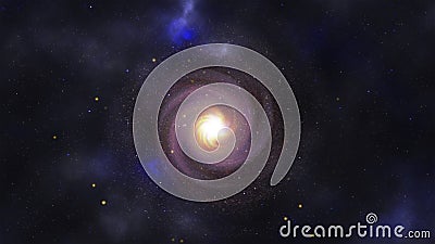 Realistic spiral galaxy with bright blue yellow and red stars on dark space background. Stock Photo