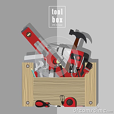 Illustration of realistic wooden box with tools, construction tools, elements on flat design Stock Photo