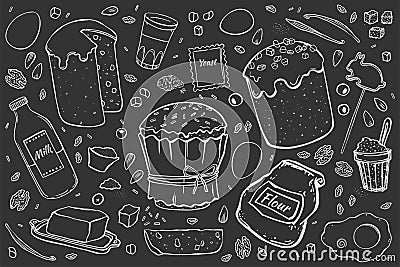 Illustration Recipe Easter cake. Set objects for cooking isolated on black chalk board recipe for cafe menu price tag Stock Photo