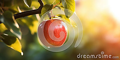 A red ripe apple on an apple tree, sunlit on the morning Cartoon Illustration