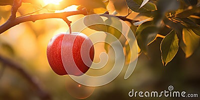 A red ripe apple on an apple tree, sunlit on the morning Cartoon Illustration