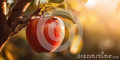 A red ripe apple on an apple tree, sunlit on the morning Cartoon Illustration