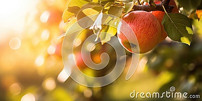 A red ripe apple on an apple tree, sunlit on the morning Cartoon Illustration