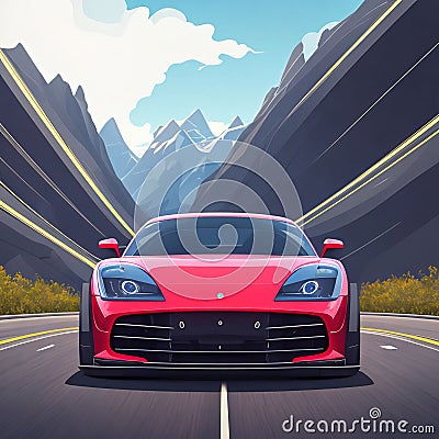 illustration of a red car on the road. high quality photo Cartoon Illustration