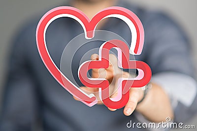 Illustration of a red heart with a medical cross and a man pointing at it - healthcare concept Cartoon Illustration