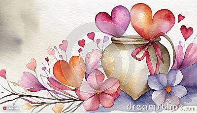 Illustration of red hearts and flowers on isolated white background, watercolor valentine's day Stock Photo