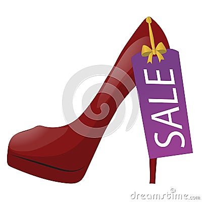 Illustration of red high-heel shoe with discount tag. Sale label. Isolated on white background. Vector illustration Stock Photo