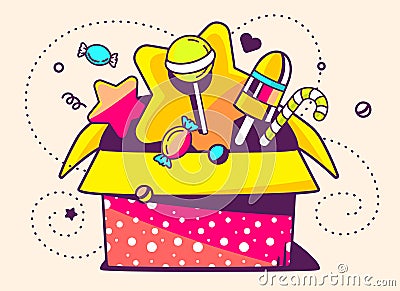 illustration of red open gift box and sweets on light bac Cartoon Illustration