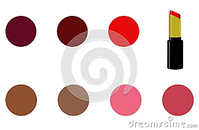 A red lipstick and seven colors of lipstick swatches. Vector Illustration
