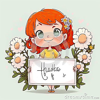 Illustration of a redhaired girl holding a blank poster and with many flowers around. Generative AI Stock Photo