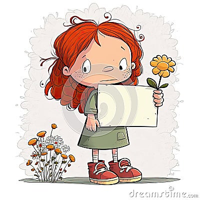 Illustration of a redhaired girl holding a blank poster and with many flowers around. Generative AI Stock Photo