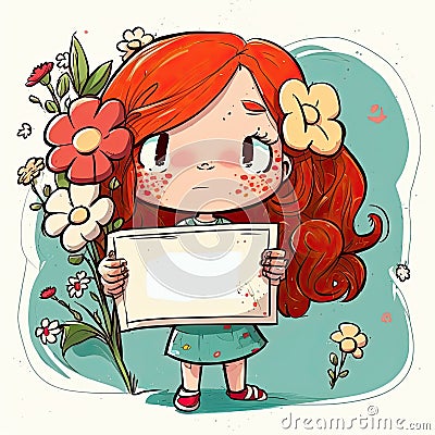 Illustration of a redhaired girl holding a blank poster and with many flowers around. Generative AI Stock Photo