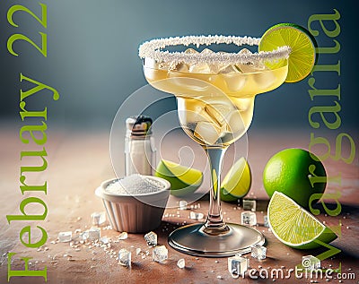 Illustration referring to International Margarita Drink Day. Drink, glass, lime slices, salt, text and ice cubes Stock Photo