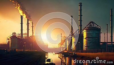 Illustration of a refinery at sunset, silhouette towers emit smoke against an orange sky causing pollution in the atmosphere, Stock Photo