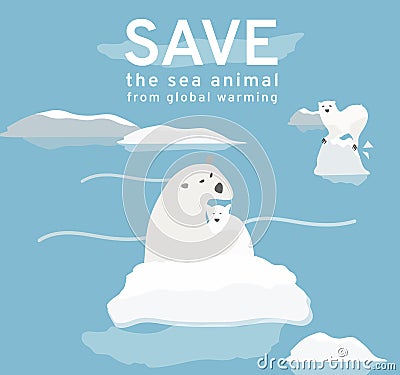 The illustration reflects the current environmental problems of the polar bear, ice is constantly melting, solve global warming Cartoon Illustration