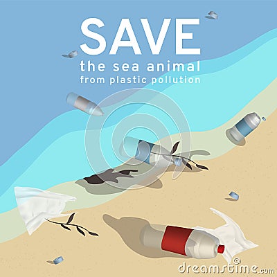 An illustration reflects to current environmental problems of the plastic garbage, sea animals die from water pollution, solve glo Cartoon Illustration