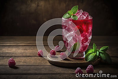 illustration, refreshing raspberry cocktail with ice and mint, ai generative Cartoon Illustration