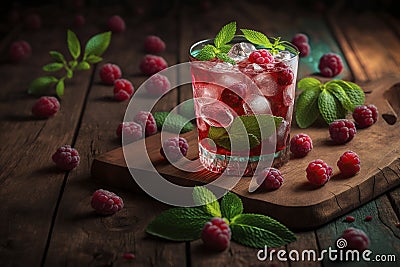 illustration, refreshing raspberry cocktail with ice and mint, ai generative Cartoon Illustration