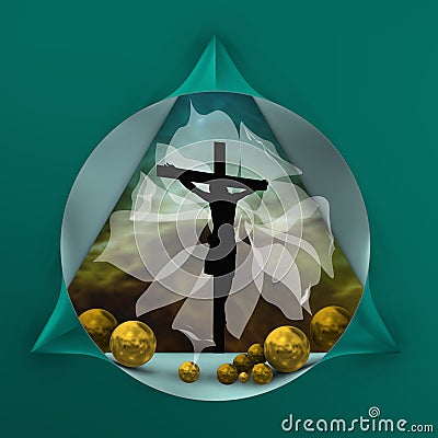 Representation of the holy trinity with golden spheres. Stock Photo