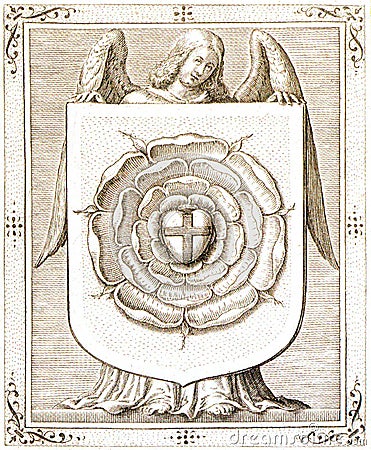 alchemical hermetic illustration of the symbol of the rosicrucians from Van der heyden`s sigillum lutheri Cartoon Illustration