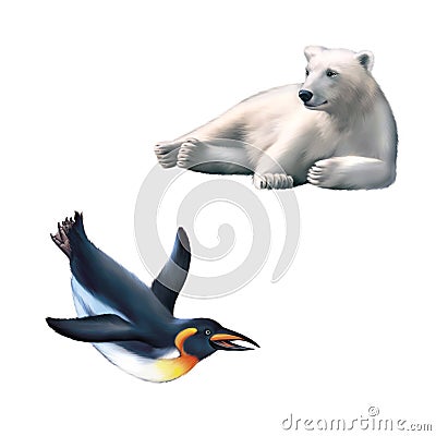 Illustration of Resting polar bear, King penguin Stock Photo